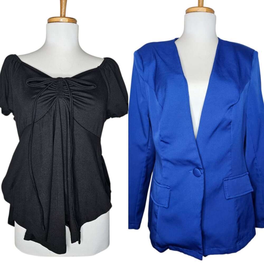 Shein Curve 2 PC Bundle - Black Puff Slv Ruched Top + Blue One Button Blazer 0X